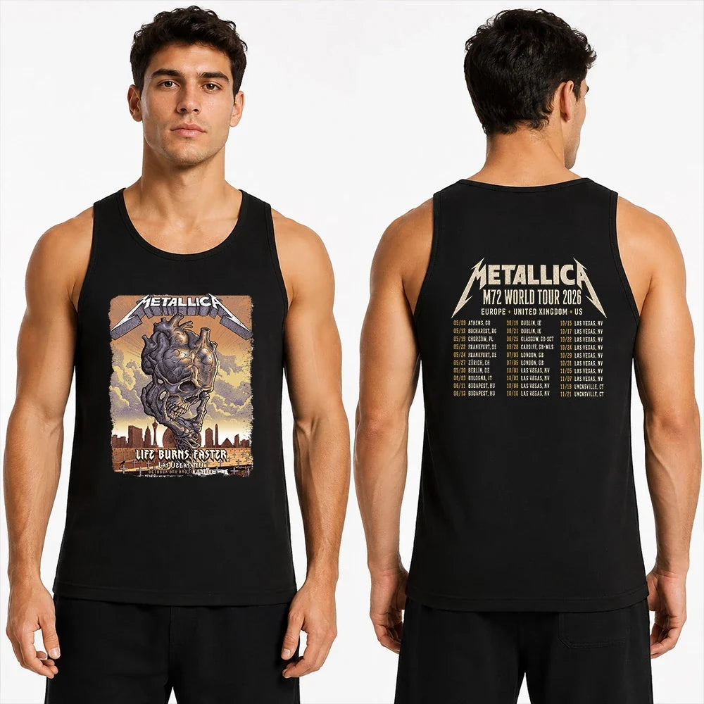 Metallica M72 World Tour Life Burns Faster October 8 and 10 2026 Sphere Las Vegas United States 2 Side T-Shirt featuring Skull Tornado artwork above a desert graveyard with Las Vegas skyline and M72 World Tour back graphic.